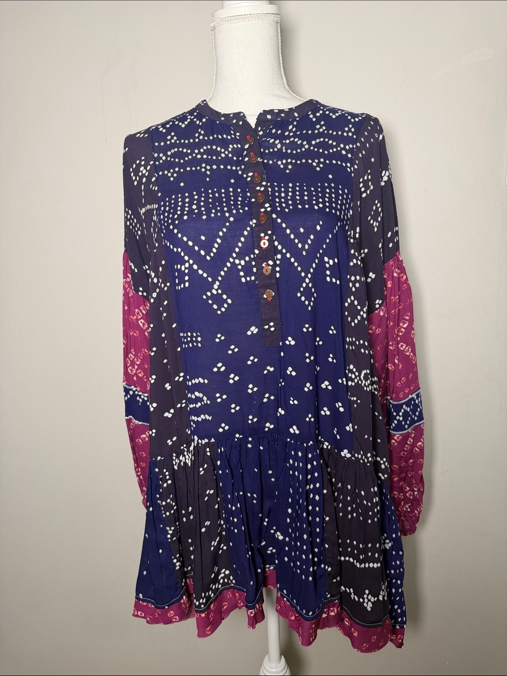 Free People Navy and Magenta Printed Peasant Tunic